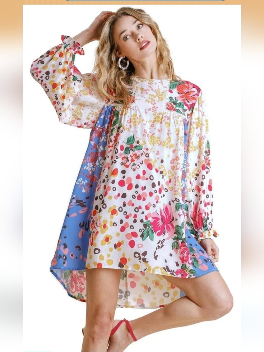Umgee White Multicolor Floral Patchwork Women's Mixed Print Crew Neck Dress Y2K